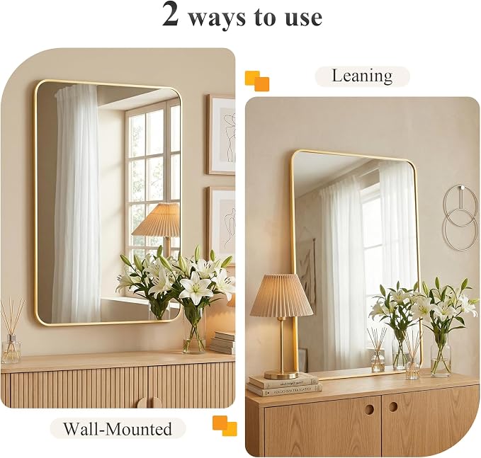 Sweetcrispy Bathroom Mirror for Over Sink, 26x38 Inch Wall Mount Mirror with a Rounded Rectangle and Matte Metal Frame, Modern Wall Vanity Mirrors for Home Decor, Living Room, Bedroom, Gold