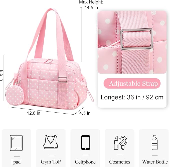 CAMTOP Mini Gym Bag for Women, Small Gym Tote Bag Puffy Quilted Sports Duffel Bag with Wet Compartment and Coin Purse Duffel Bags Dance Yoga Workout Bag for Gifts (Polka Dot Pink, Mini-12.6")