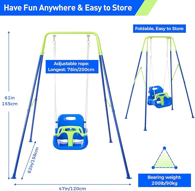 FUNLIO Toddler Swing with Foldable Metal Stand for Toddlers Aged 1~10 Years, 3-in-1 Baby Swing Set with 4 Sandbags for Backyard/Indoor/Outdoor Play, Easy to Assemble & Store - Bluegreen
