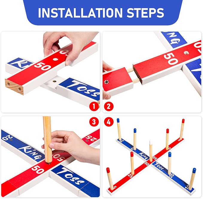 Indoor Outdoor Toys Games Upgraded Large Wooden Ring Toss Game Yard Games for Kids, Lawn Outdoor Games for Family with 10 Plastic Ring and 10 Ropes,1 Carry Bag