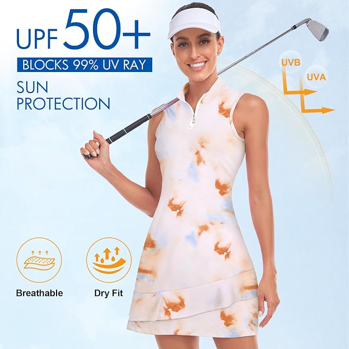 Viracy Tennis Dress for Women Sleeveless Golf Dresses with Shorts and Pockets Ruffle Zip Up Stand Collar Golf Outfits