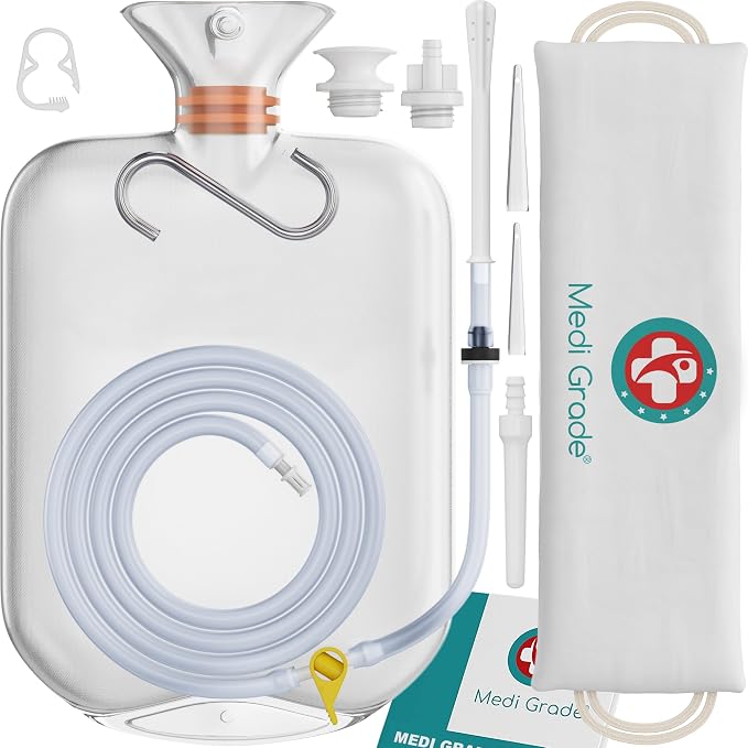 Medi Grade Enema Kit for Adults, 2L Capacity - Transparent, Hands-Free with One-Way Valve, 4 Tips and Enema Bag - Enemas for Colon Cleanse for Women and Men - for Coffee Enema & Colon Cleansing