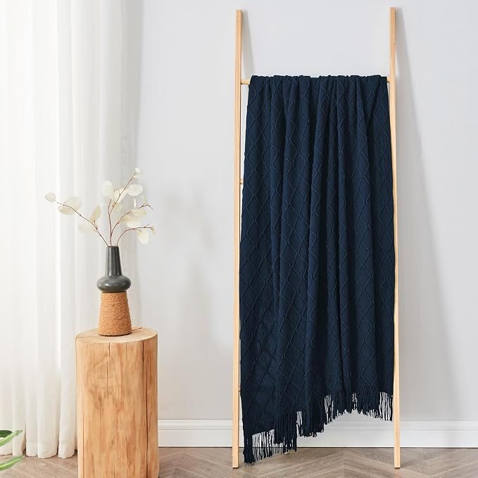 inhand Dark Blue Knitted Throw Blanket for Couch and Bed, 50"x60" | Soft Cozy Knit Blanket with Tassel, Lightweight Decorative Blankets and Throws, Farmhouse Warm Woven for Men and Women