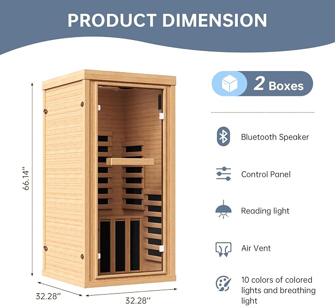 Far Infrared Wooden Sauna Room, 1 Person Traditonal Red Light Sauna, Canadian Hemlock Indoor Dry Sauna Room for Low EMF with Bluetooth Speakers and Control Panel, Whole Glass，32"x 32"x 66"