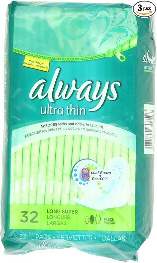 Always Ultra Thin Unscented Pads with Wings, Long/Super, 32 Count (Pack of 3)
