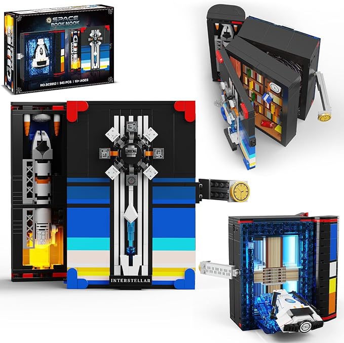 HOGOKIDS Magic Space Book Nook Building Set with LED Light, 945PCS Book Nook Building Block Sets for Bookshelf Home Decor, DIY Miniature Book Model Craft Kit, Christmas Birthday Gifts for Adults Teens