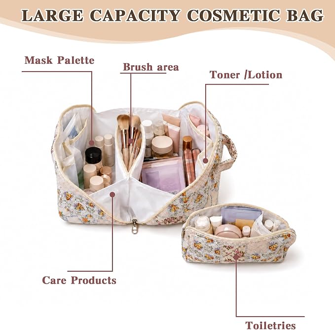 Travel Makeup Bag for Women,Large Capacity Quilted Cosmetic bag， 2PCS Make up Bag Set Open Flat Toiletry Bag for Skincare, Brushes & Travel Essentials (Colorful)