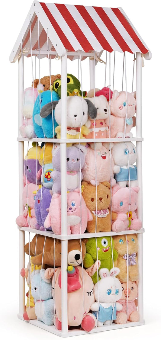 Stuffed Animal Storage, Space Saving Vertical Stuffed Animal Holder Wood, Easy Assembly Cottage-Style Plush Toys Organizer for Kids Bedroom & Playroom (White)