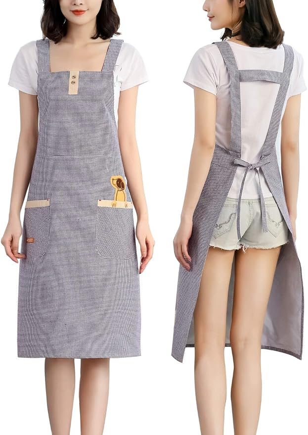 NEWGEM 100% Cotton Cute Gingham Apron with Pockets - Korean Style H-Back Pinafore for Florist, Housekeeping, Art Teacher (Purple Doggy)