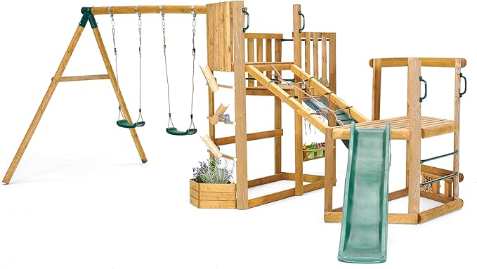 Plum Discovery Wood Swing Sets for Backyard, Kids Yard Play Equipment, Outdoor Toddler Swing with Slide, Monkey Bars, Climbing Bridge, Painting Easel, Built-in Planter Box, Weatherproof, Age 3+ Yrs