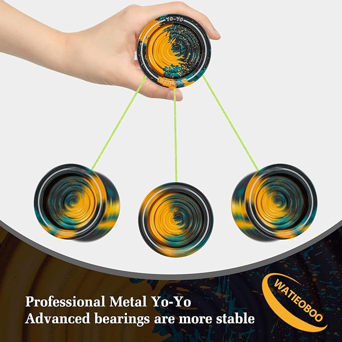 WATIEOBOO Responsive Metal Yoyo Professional yoyo, Professional Unresponsive Yo yo for Adults Pro Metal Trick Yo-yo with Yo Yos Bearing Kit 10 Strings, Case & Gloves - Black Blue Orange