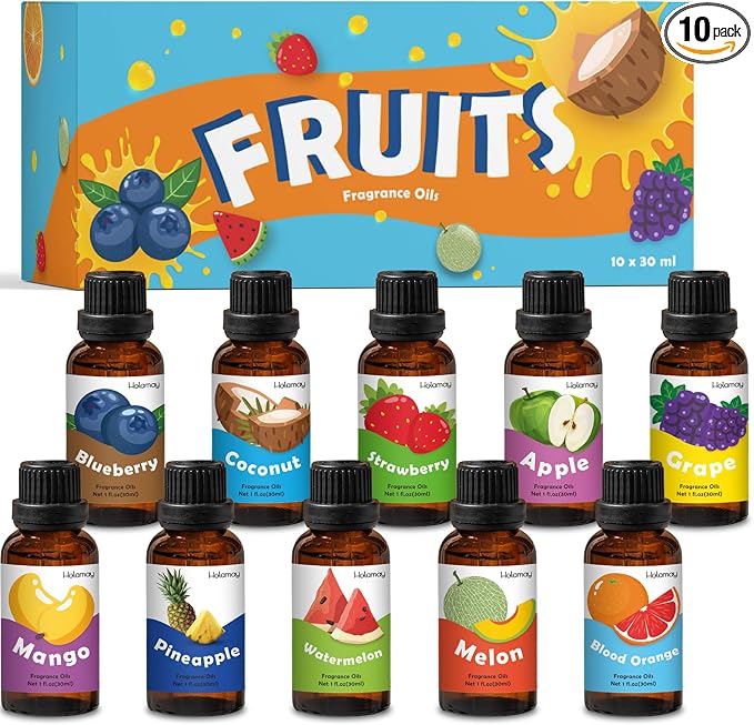 Fruit Fragrance Oil for Candle Soap Making, 10x30ml Holamay Essential Oils for Diffusers for Home, Coconut, Strawberry, Mango, Pineapple, Large Size Diffuser Oils Gift Set