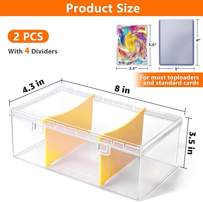 SAMYUCHO Trading Card Storage Box with 2 Dividers for 500 Sports Cards, Plastic Bulk Display Holder Collection Organizer Cases Container Fit for Baseball Football Playing Game Magic Cards 2 Pcs