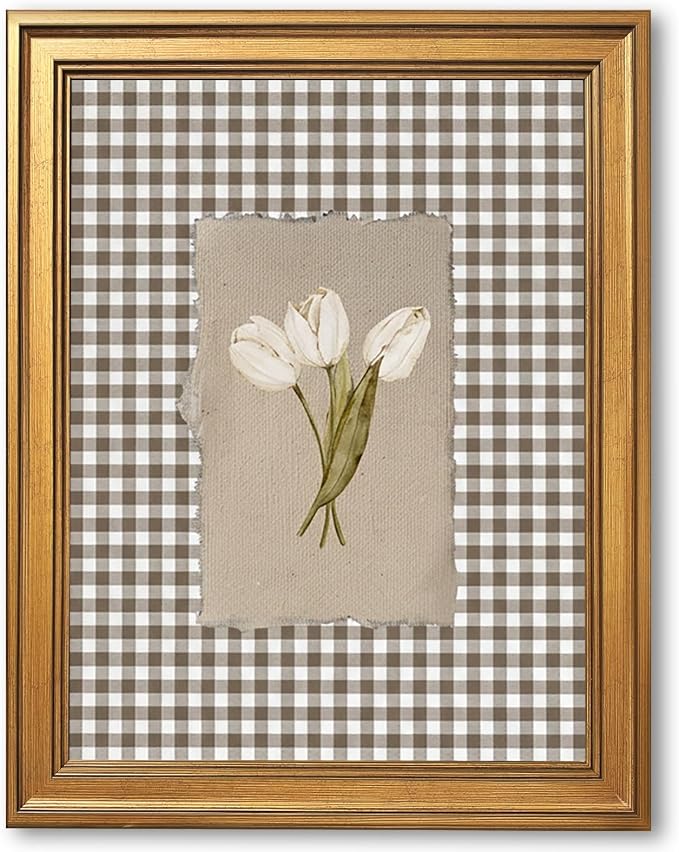Gold Framed White Tulips Vintage Floral Wall Art Painting Brown Gingham Botanical Print Rustic Farmhouse Flower Picture Poster Neutral Cottagecore Canvas Artwork Aesthetic Country Home Decor 12x16inch