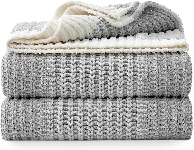 Amélie Home Premium Chenille Throw Blanket, Soft Cozy Luxury Two-Tone Knit Blanket for Couch, Sofa, Chair, Home Decor, Grey & Ivory 50"x60"