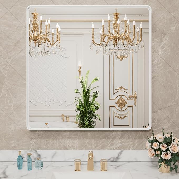 LOAAO 30x30 Inch White Metal Framed Bathroom Mirror for Wall | Rounded Rectangle Bathroom Vanity Mirror, Anti-Rust, Hangs Horizontally or Vertically