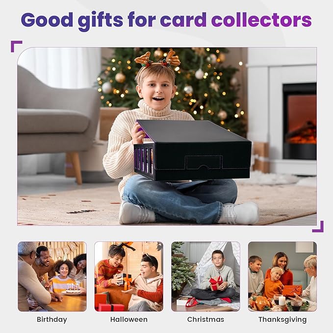 Trading Card Storage Box with Handle,5-Row Portable Leather Deck Case for 4000+ Cards,Purple Card Collection Box with Commander Display Window for MTG,Yugioh, and Sports Cards,Gifts for Card Collector
