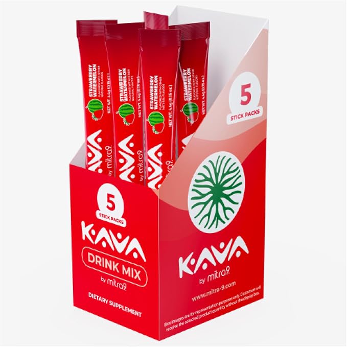 Mitra9 Kava Drink Mix | Strawberry Watermelon | 5 Stick Packs | Kava Root Extract Powder for Relaxation & Stress Relief | Non-Alcoholic, Zero Calorie | Single-Serve Packets
