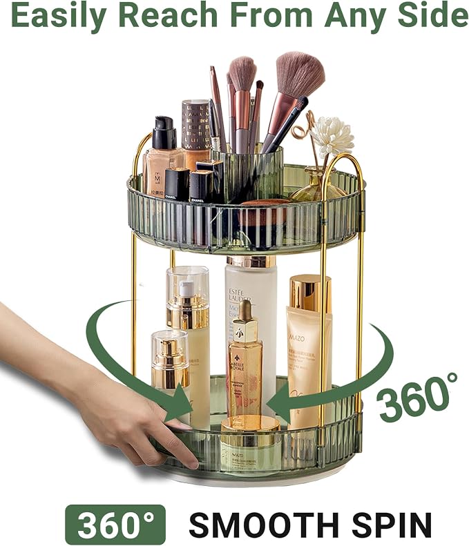 Asayuee 360 Rotating Makeup Organizer,2 Tier Large Capacity Make Up Organizers and Storage,Skincare Perfume Vanity Organizers,Bathroom Cosmetics Storage Organizer Countertop (Green)