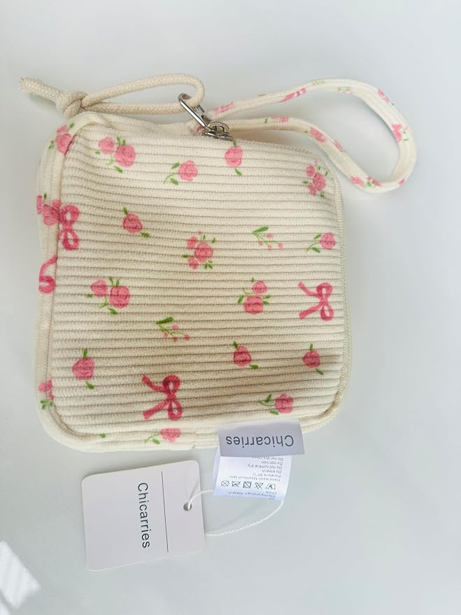 Small Makeup Bag | Discreet Period Bag Pad Pouch for Purse| Sanitary Napkin Storage & Tampon Holder for Travel Wallets and Handbags(Flower bow beige)