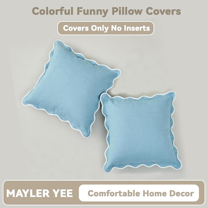 Scalloped Pillow Covers Set of 2 for Living Room | Spring Decorative Sofa Couch Pillows | Boho Sytle Decorative Home | Aesthetic Funky Preppy Pillow Cases (Blue, 18x18 Inch)