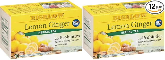 Bigelow Tea Lemon Ginger plus Probiotics Herbal Tea, Caffeine Free Tea with Lemon and Ginger, 18 Count Box (Pack of 12), 108 Total Tea Bags