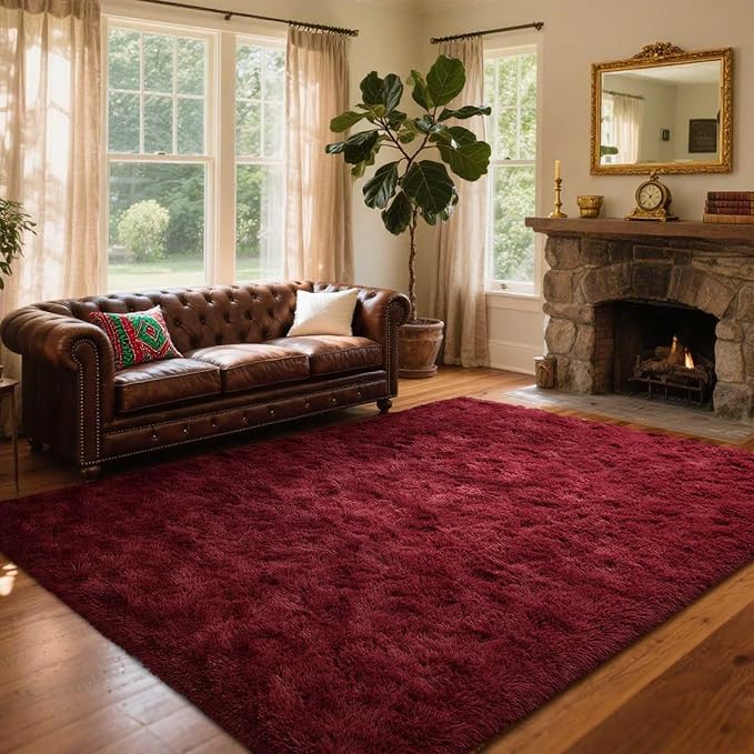 7x10 Ft Extra Large Shag Rugs for Living Room, Ultra Soft Fluffy Furry Area Rugs for Bedroom Indoor Floor, Aesthetic Carpet for Kids Home Decor (Burgundy)