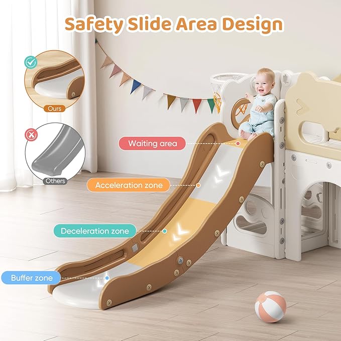 Toddler Slide Indoor, 8 in 1 Indoor Playground for Kids 1-3 Toddler Playset with Climber, Basketball Hoop, Tunnel and Storage Space Kids Outdoor Slide Playset (Coffee)