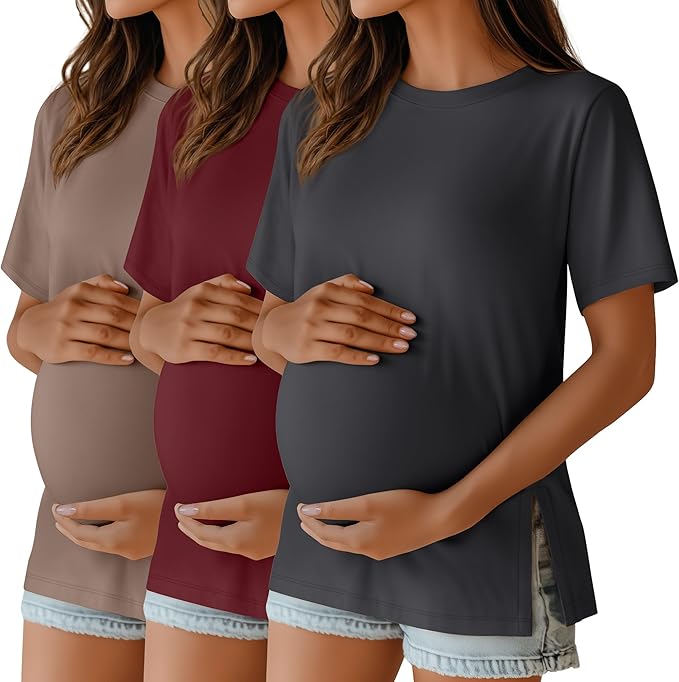 Ficerd 3 Pack Women's Maternity T Shirts, Short Sleeve Side Split Pregnancy Tops Casual Crew Neck Pregnant Tees Mama Clothes