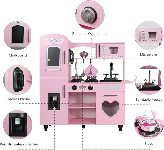 TaoHFE Play Kitchen, Pink Kids Kitchen Set for Girls Kitchen Set for Kids Ages 6-8 Gift Toddler Kitchen Set for Kid Age 3+ Kitchen Playset with Lights & Sounds Wooden Toy Kitchen Playset Gift