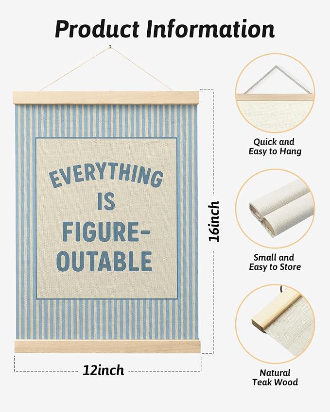 FGFK Preppy Blue Everything Is Figureoutable Inspirational Wall Art Poster Hanger Frame, Trendy Blue Striped Positive Affirmations Canvas Prints Framed Wall Decor for Girls Bedroom Dorm, 12x16 Inch