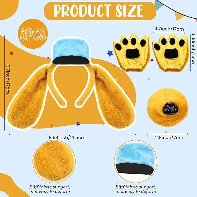 3 Pcs Dog Ear Headband Nose Paw Gloves Yellow Puppy Dog Costume Set Animal Police Cartoon Costume Set For Kids Boys Girls