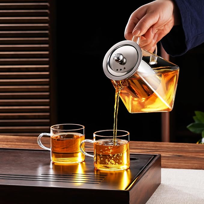PARACITY Glass Teapot Stovetop 32OZ, Borosilicate Clear Tea Kettle with Removable 18/8 Stainless Steel Infuser, Teapot Blooming and Loose Leaf Tea Maker Tea Brewer (square, 550ML)