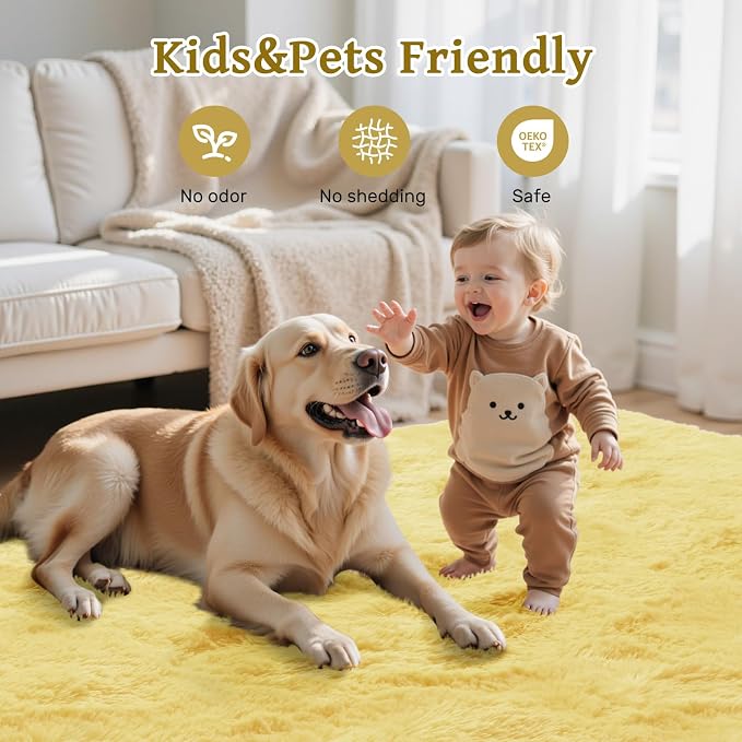 6x9 Yellow Rug for Living Room Shag Area Rugs Fluffy Bedroom Plush Carpet Non Slip for Nursery Kids PlayRoom Home Decor Aesthetic