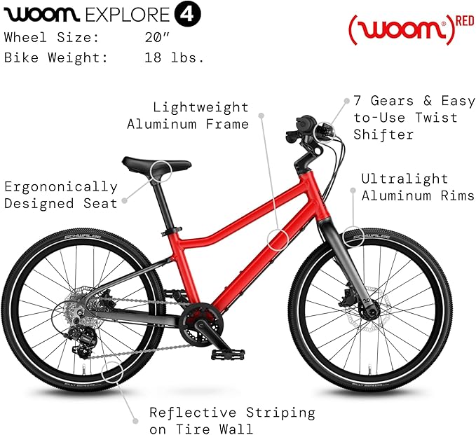 woom Explore 4 Kids’ Bicycle, 20-Inch, 7-Speed Twist Shifter for Advanced Riders, Road & Mountain Ready Bike with Powerful Disc Brakes for Boys & Girls