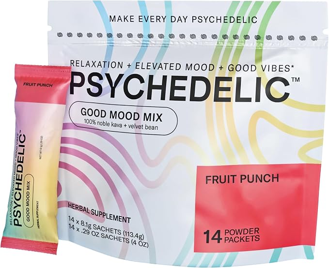 Psychedelic Water Good Mood Mix - Fruit Punch - Powder Packets - Calming Kava Drink Mix - Easy Open Single-Serving - Flavored Kava Powder - Mucuna Pruriens - Stevia - Adaptogen Drink Mix - 14 Stick