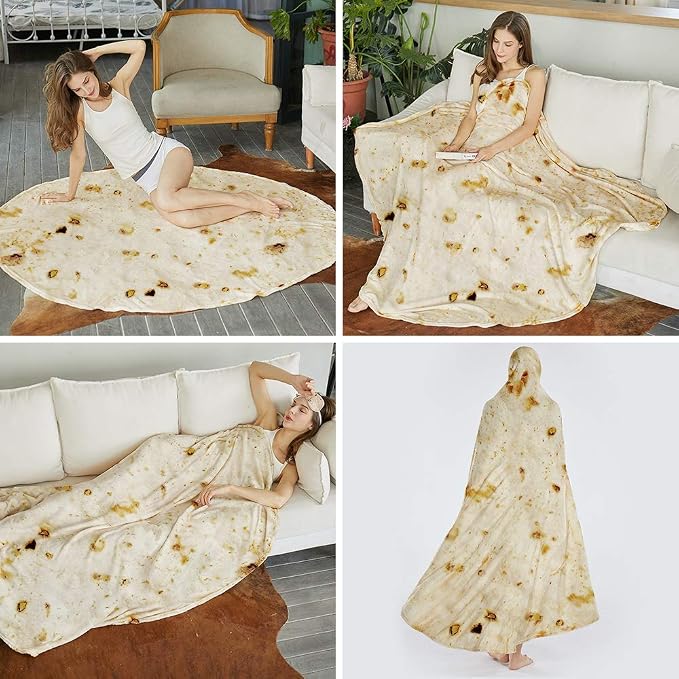 SeaRoomy 71 inches Burrito Tortilla Blanket, Funny Food Throw Blanket | White Elephant Christmas Birthday Gifts, Gag Gifts for Women Men Teen Boys & Girls, Soft & Warm Flannel, Double Sided
