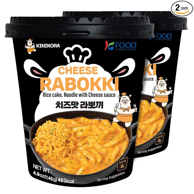 KINIKORA Cheese Instant Rabokki Cup 2-Pack, Korean Tteokbokki & Ramen | Topokki style Korean street food, Chewy rice cakes with ramen, Quick 3.5 min microwave cup meal