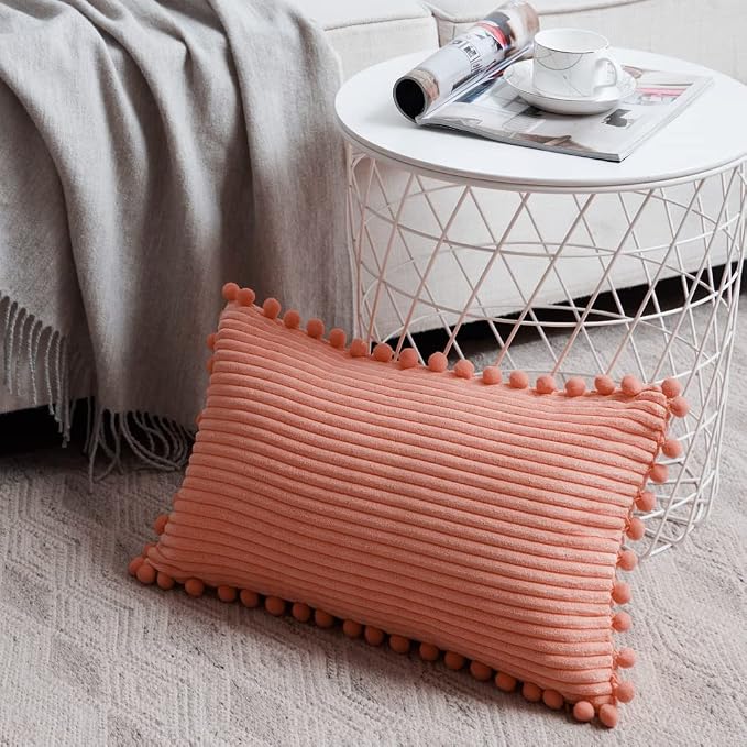 Fancy Homi Pack of 2 Coral Decorative Throw Pillow Covers 12x20 Inch with Pom-poms for Living Room Couch Bedroom, Soft Corduroy Peach Solid Lumbar Cushion Case 30x50 cm, Rustic Farmhouse Home Decor
