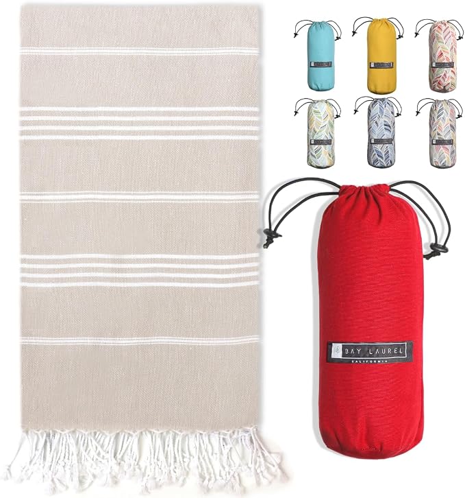 BAY LAUREL Turkish Beach Towel with Travel Bag 39 x 71 Quick Dry Sand Free Lightweight Large Oversized Towels Light