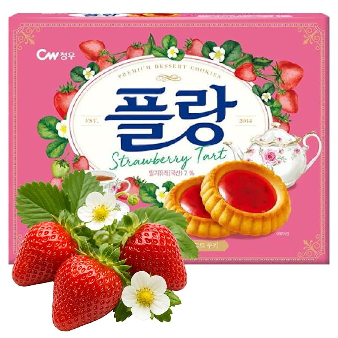 Korean Food CW Flang Strawberry Cookies, Strawberry Jam Filled, 5.64oz | Buttery Texture, Coffee Pairing, Sweet Snack, Korea Favorite, Bakery Style