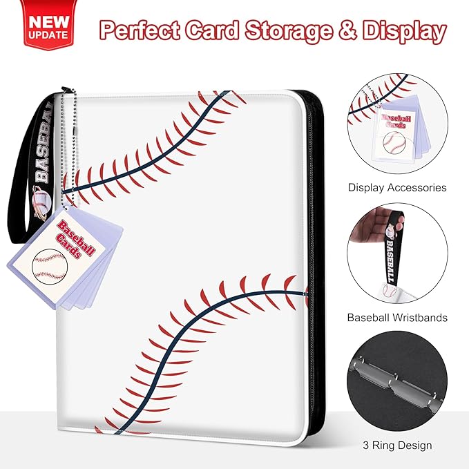 Mlikero Baseball Card Binder 720 Pocket, Trading Card Binder with Display Design, Premium Card Holder with Sports Pattern Wristband, Compatible with Topps Baseball Cards 2025