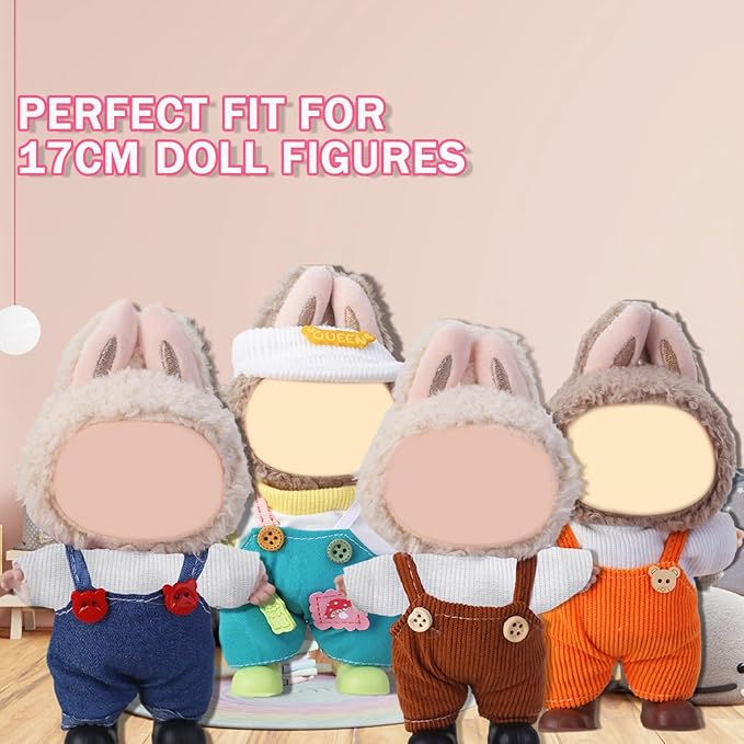 Doll Clothes for Labubu,Cute Outfit for 17cm Doll Clothe 2/3PCS Clothes and Hats Stylish Dolls Clothe for 17 cm Labubu,Casual Style Costumes for Labubu Dolls (Four-Color Overalls Set 4)