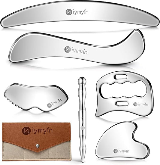6-in-1 304 Stainless Steel Muscle & Fascia Scraper Tool Set, for Body Skin Massage and Sore Muscles, Myofascial, Iastm Tools, Soft Tissue Mobilization Tools, Full Body Gua Sha Kit, Gift-for Her