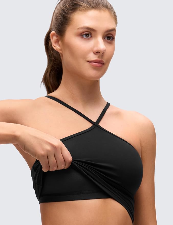 CRZ YOGA Butterluxe Cross Neck Crop Tank Tops for Women - Spaghetti Straps Square Back Padded Yoga Sports Bras