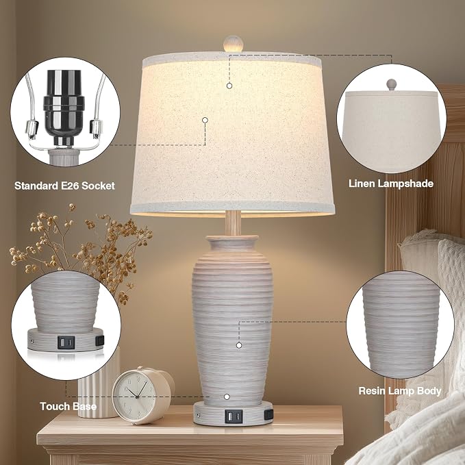 CINSARY 25" Vintage Farmhouse Jar Table Lamps, Single Rustic Bedside Lamp with USB A+C Ports & AC Outlet, Nightstand Lamps for Living Room, Bedroom, End Table, Grey White(LED Bulb Included)