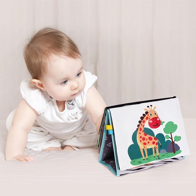 TINITIGIES Tummy Time Mirror for Babies 0-6 Months | High Contrast Black & White Baby Book with Silicone Teether & Crinkle Pages | Sensory Newborn Tummy Time Toys