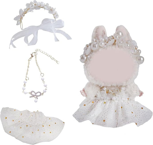 17cm Doll Clothes Set and Accessories Suit,（NO Doll） 3-Piece Set, Outfits for Clothes Set, Dolls Keychain Accessories, Including Fairy Dress, Pearl Hair Accessories, Bow Necklace(White)
