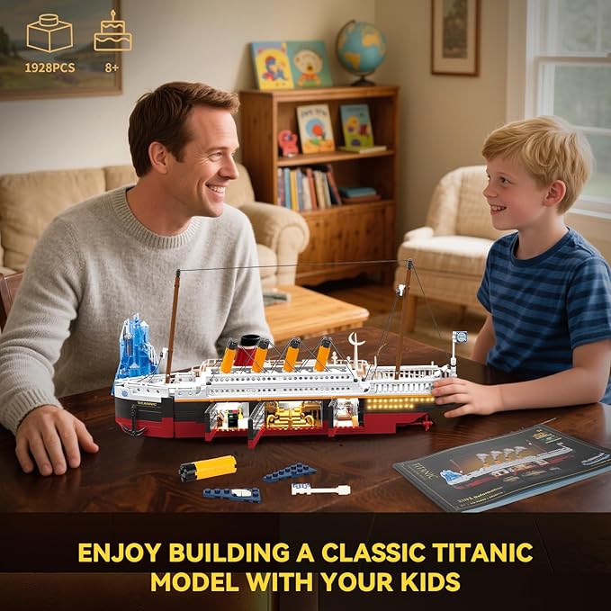 2 in 1 Titanic Building Set, Titanic Big Ship Model Building Kit with Lights Bricks and Glacier, Compatible with Lego for Adults Men, 1928 Pieces STEM Construction Toy for Kids Teens Boys Ages 8-14+