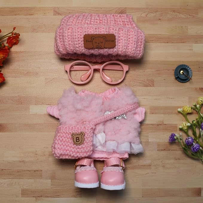 6 Piece 17cm Doll Clothes, Fun Dress-Up Outfit Set with Accessories for 17cm Dolls, Pink Style Outfit Set with Undershirt + Plush Vest + Knitted Hat + Small Bag + Shoes + Glasses, No Doll Included